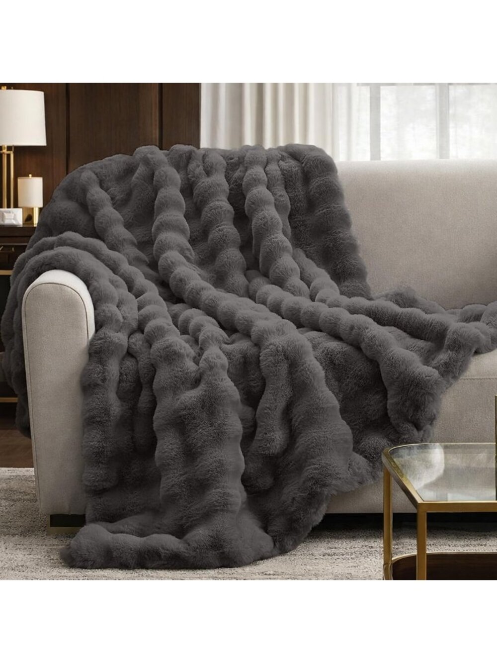 Cozy Faux Fur Throw Blanket for Couch, Charcoal Grey, Soft & Warm, 60"x80